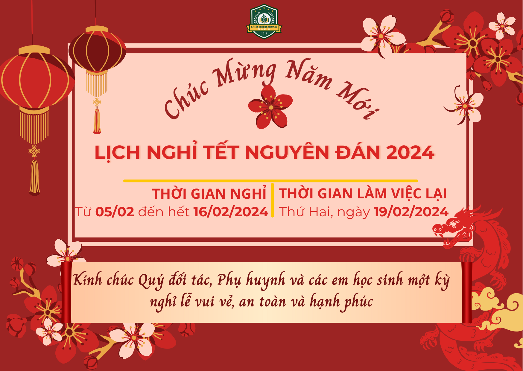 [THÔNG BÁO] LỊCH NGHỈ TẾT NGUYÊN ĐÁN GIÁP THÌN 2024